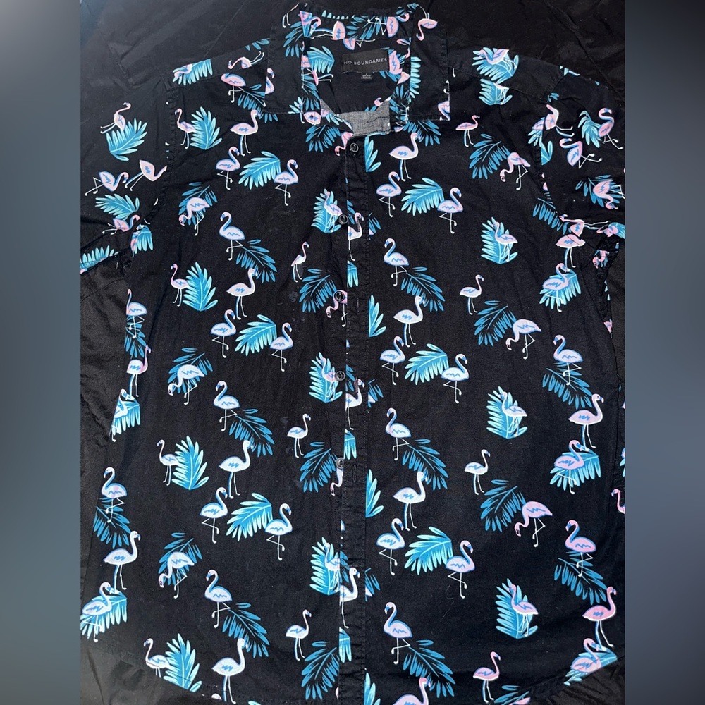 No Boundaries Tropical Flamingo Black Button Down Shirt Mens Sz Large